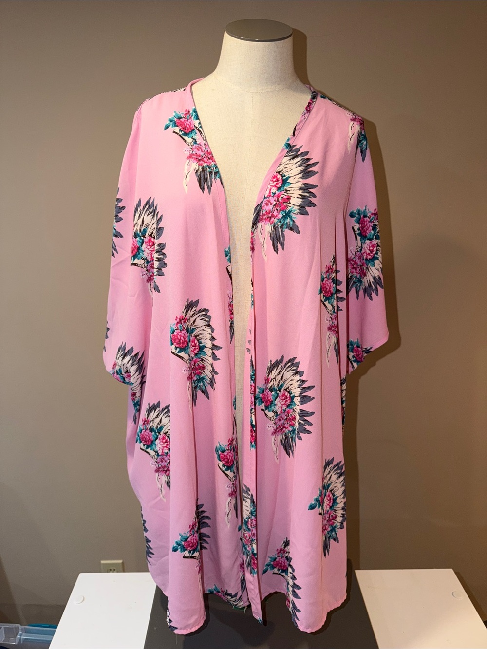 Light Pink Floral Open-Front Kimono Top